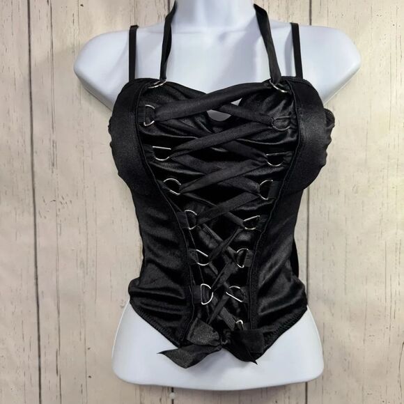 Spirit Tops - Gothic Black Lace Up Corset Top Spirit Halloween M Y2K Burlesque Festivalwear